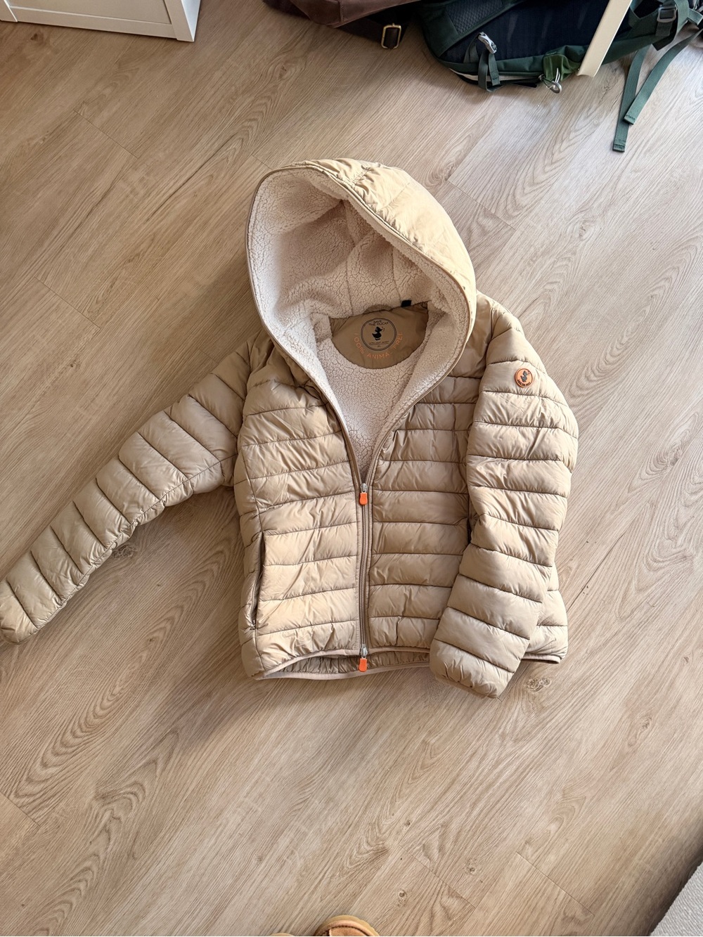 SAVE THE DUCK womens Cream Quilted Puffer Jacket with Sherpa Hood